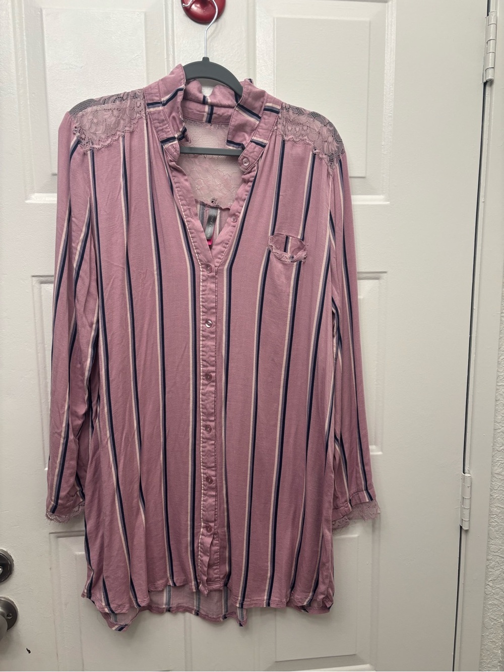 Vince Camuto Blush Pink Striped Button-Down with Lace Yoke